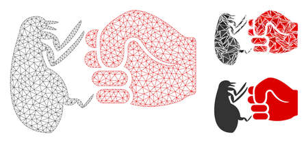 Mesh flea fist strike model with triangle mosaic icon. Wire frame polygonal mesh of flea fist strike. Vector mosaic of triangle parts in various sizes, and color hues.のイラスト素材