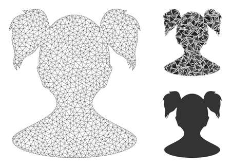 Mesh young girl model with triangle mosaic icon. Wire frame polygonal mesh of young girl. Vector mosaic of triangle elements in variable sizes, and color tones. Abstract 2d mesh young girl,のイラスト素材
