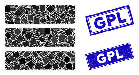 Mosaic database icon and rectangle GPL stamps. Flat vector database mosaic icon of scattered rotated rectangle items. Blue GPL rubber stamps with distress surface.のイラスト素材