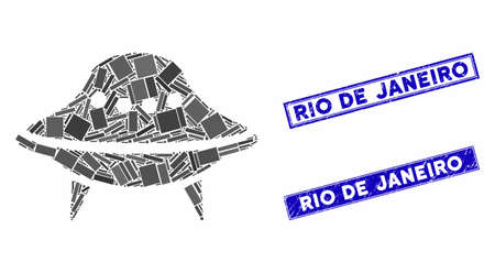 Mosaic space ship pictogram and rectangle Rio De Janeiro watermarks. Flat vector space ship mosaic icon of randomized rotated rectangle elements. Blue Rio De Janeiro watermarks with grunge surface.のイラスト素材