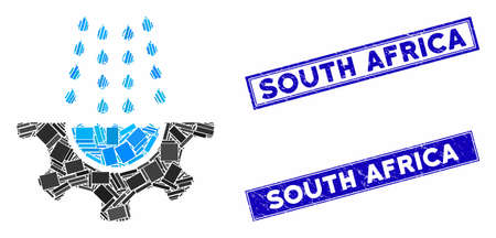 Mosaic water shower service gear icon and rectangular South Africa rubber prints. Flat vector water shower service gear mosaic icon of random rotated rectangle elements.のイラスト素材