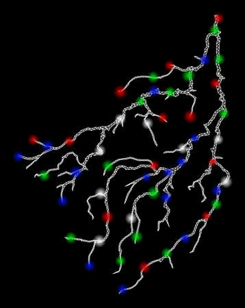Bright mesh lightning with glow effect. White wire frame polygonal mesh in vector format on a black background. Abstract 2d mesh designed with polygonal grid, dots, colorful flare spots.のイラスト素材