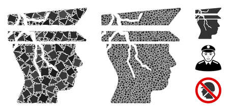 Corrupted police officer icon composition of joggly elements in various sizes and color tinges, based on corrupted police officer icon. Vector joggly parts are grouped into collage.のイラスト素材