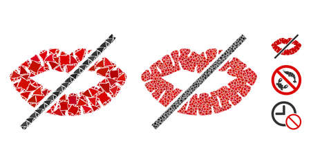 No kiss icon mosaic of bumpy items in various sizes and color hues, based on no kiss icon. Vector bumpy pieces are organized into collage. No kiss icons collage with dotted pattern.のイラスト素材