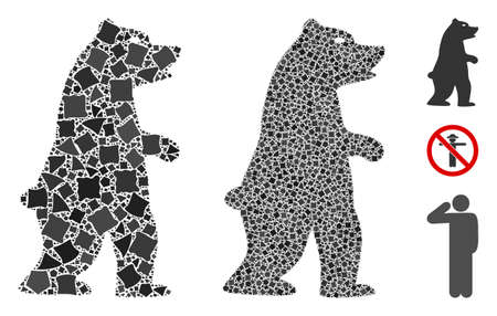 Standing bear icon mosaic of unequal pieces in various sizes and shades, based on standing bear icon. Vector unequal items are composed into collage. Standing bear icons collage with dotted pattern.のイラスト素材