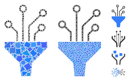 Circuit filter composition of ragged elements in various sizes and color tints, based on circuit filter icon. Vector uneven elements are grouped into collage.のイラスト素材