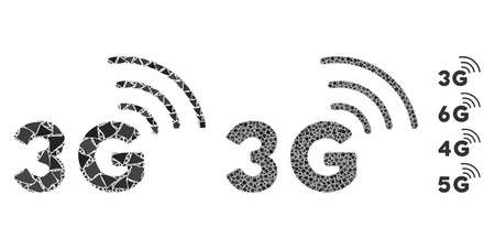 3G mosaic of rugged elements in variable sizes and color tints, based on 3G icon. Vector unequal elements are composed into mosaic. 3G icons collage with dotted pattern.のイラスト素材