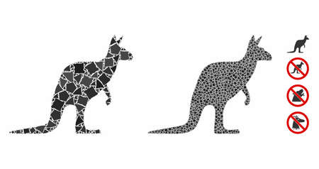 Kangaroo mosaic of raggy items in variable sizes and color tints, based on kangaroo icon. Vector unequal items are united into mosaic. Kangaroo icons collage with dotted pattern.のイラスト素材