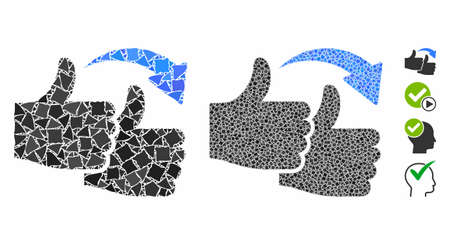 Like for like mosaic of trembly pieces in different sizes and shades, based on like for like icon. Vector abrupt pieces are grouped into mosaic. Social proof icons collage with dotted pattern.のイラスト素材