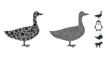 Goose mosaic of tremulant pieces in different sizes and color tones, based on goose icon. Vector irregular pieces are composed into mosaic. Goose icons collage with dotted pattern.のイラスト素材