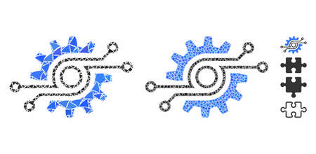 Electronic gear composition of bumpy parts in various sizes and color tints, based on electronic gear icon. Vector joggly parts are organized into composition.のイラスト素材