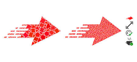 Rush right arrow composition of ragged pieces in different sizes and color tinges, based on rush...