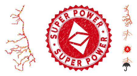 Mosaic lightning and circle seal stamp. Flat vector lightning mosaic of scattered circle elements. Red seal stamp with grunged style. Designed for political and patriotic propaganda.のイラスト素材