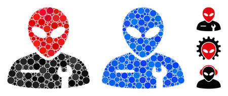 Alien mechanic composition of circle elements in various sizes and color tints, based on alien mechanic icon. Vector circle elements are organized into blue collage.のイラスト素材