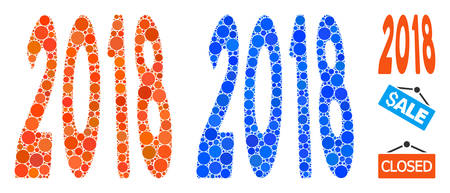 2018 text mosaic of circle elements in different sizes and color hues, based on 2018 text icon....