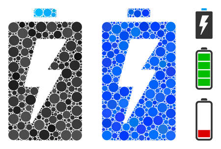 Battery composition of round dots in various sizes and shades, based on battery icon. Vector round dots are composed into blue illustration. Dotted battery icon in usual and blue versions.のイラスト素材