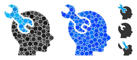 Brain service wrench mosaic of round dots in various sizes and color tones, based on brain service wrench icon. Vector round dots are organized into blue collage.のイラスト素材