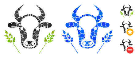 Cow and wheat agriculture composition of spheric dots in different sizes and color tones, based on cow and wheat agriculture icon. Vector round dots are grouped into blue composition.のイラスト素材