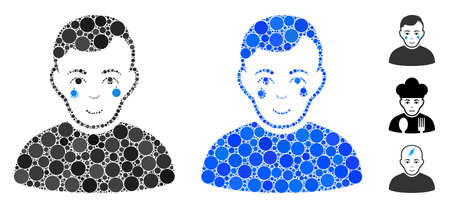 Crying boy composition of round dots in different sizes and shades, based on crying boy icon. Vector round dots are composed into blue collage. Dotted crying boy icon in usual and blue versions.のイラスト素材
