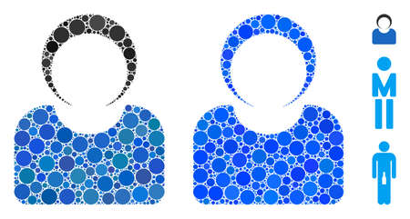 Customer composition of small circles in different sizes and color hues, based on customer icon. Vector small circles are organized into blue collage. Dotted customer icon in usual and blue versions.のイラスト素材