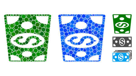 Dollar banknote composition of circle elements in variable sizes and shades, based on dollar banknote icon. Vector circle elements are united into blue mosaic.のイラスト素材