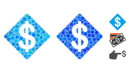 Dollar rhombus composition of circle elements in different sizes and color tints, based on dollar rhombus icon. Vector circle elements are organized into blue illustration.のイラスト素材