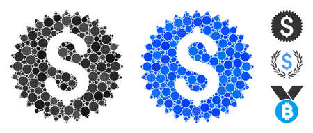 Financial seal composition of small circles in variable sizes and color tints, based on financial seal icon. Vector small circles are grouped into blue mosaic.のイラスト素材