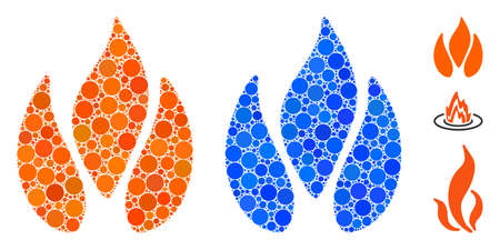 Fire mosaic of circle elements in various sizes and color tones, based on fire icon. Vector round elements are united into blue mosaic. Dotted fire icon in usual and blue versions.のイラスト素材