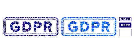 GDPR rectangle mosaic of round dots in different sizes and color tinges, based on GDPR rectangle icon. Vector round dots are organized into blue composition.のイラスト素材