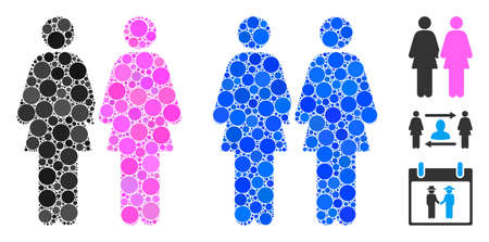 Lesbi couple composition of small circles in various sizes and color tints, based on lesbi couple icon. Vector filled circles are composed into blue composition.のイラスト素材