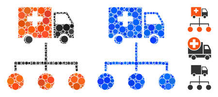 Medical delivery links composition of filled circles in different sizes and color tinges, based on medical delivery links icon. Vector filled circles are composed into blue collage.のイラスト素材