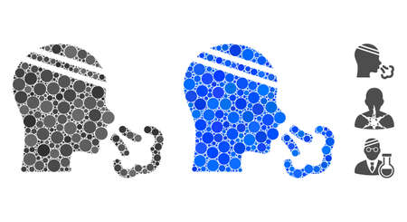 Patient sneeze composition of round dots in variable sizes and color tones, based on patient sneeze icon. Vector round dots are united into blue mosaic.のイラスト素材