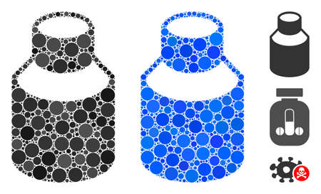 Phial composition of round dots in different sizes and color hues, based on phial icon. Vector round dots are combined into blue composition. Dotted phial icon in usual and blue versions.のイラスト素材