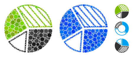 Pie chart mosaic of small circles in various sizes and color tinges, based on pie chart icon. Vector small circles are organized into blue illustration.のイラスト素材