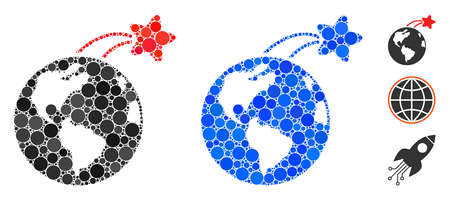 Rising satellite on Earth mosaic of small circles in different sizes and color tinges, based on rising satellite on Earth icon. Vector small circles are organized into blue mosaic.のイラスト素材