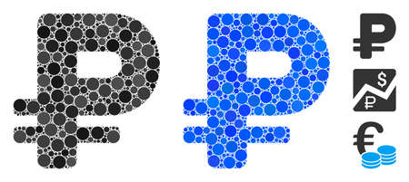 Rouble mosaic of small circles in variable sizes and shades, based on rouble icon. Vector small circles are composed into blue mosaic. Dotted rouble icon in usual and blue versions.のイラスト素材
