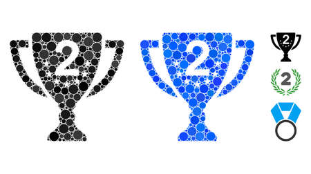 Second place mosaic of circle elements in variable sizes and shades, based on second place icon. Vector round elements are combined into blue mosaic.のイラスト素材