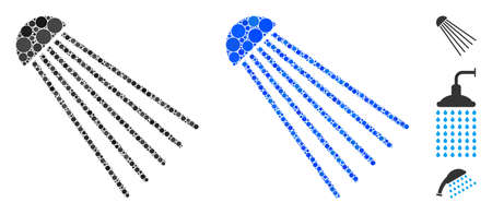 Spray source mosaic of small circles in variable sizes and shades, based on spray source icon. Vector filled circles are united into blue mosaic. Dotted spray source icon in usual and blue versions.のイラスト素材