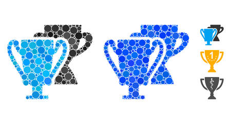 Trophy cups mosaic of small circles in different sizes and color tinges, based on trophy cups icon. Vector small circles are grouped into blue collage.のイラスト素材