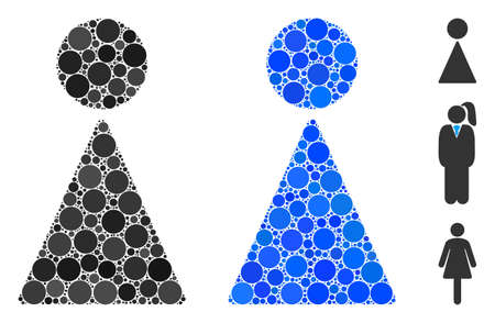 Woman mosaic of filled circles in variable sizes and color tints, based on woman icon. Vector filled circles are combined into blue mosaic. Dotted woman icon in usual and blue versions.のイラスト素材