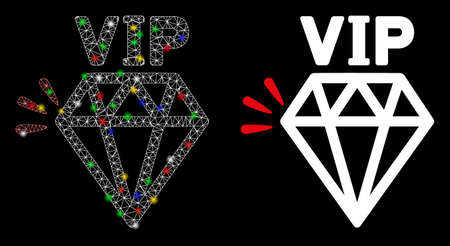 Glowing mesh VIP brand icon with lightspot effect. Abstract illuminated model of VIP brand. Shiny wire frame triangular mesh VIP brand icon. Vector abstraction on a black background.のイラスト素材