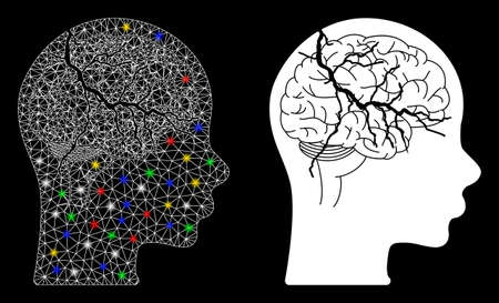 Glowing mesh brain carcinoma icon with glare effect. Abstract illuminated model of brain carcinoma. Shiny wire carcass polygonal mesh brain carcinoma icon. Vector abstraction on a black background.のイラスト素材