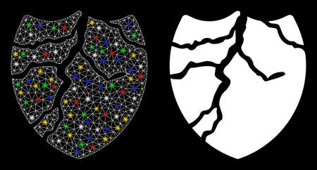 Flare mesh corrupted shield icon with glitter effect. Abstract illuminated model of corrupted shield. Shiny wire carcass polygonal mesh corrupted shield icon. Vector abstraction on a black background.のイラスト素材