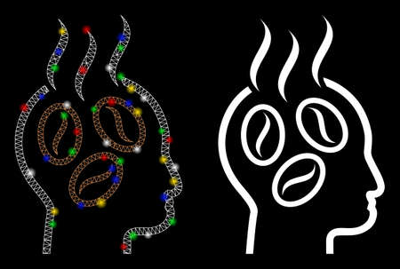 Glossy mesh coffee dreams head icon with lightspot effect. Abstract illuminated model of coffee dreams head. Shiny wire frame polygonal mesh coffee dreams head icon.のイラスト素材