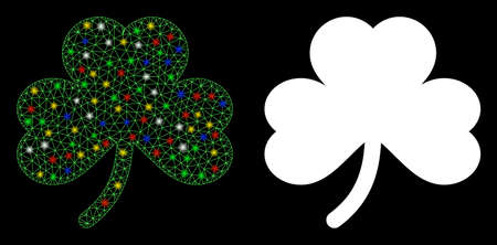 Glossy mesh clover leaf icon with lightspot effect. Abstract illuminated model of clover leaf. Shiny wire frame polygonal mesh clover leaf icon. Vector abstraction on a black background.のイラスト素材