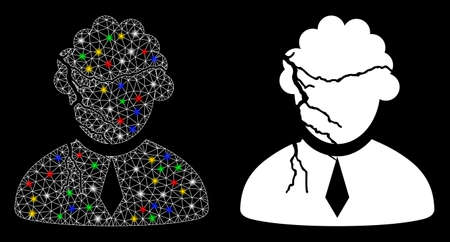 Glowing mesh corrupted judge icon with glitter effect. Abstract illuminated model of corrupted judge. Shiny wire carcass polygonal mesh corrupted judge icon. Vector abstraction on a black background.のイラスト素材