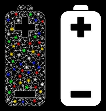 Glossy mesh electric battery icon with glitter effect. Abstract illuminated model of electric battery. Shiny wire frame polygonal mesh electric battery icon. Vector abstraction on a black background.のイラスト素材
