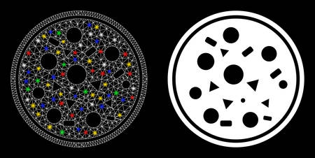 Flare mesh entire pizza icon with sparkle effect. Abstract illuminated model of entire pizza. Shiny wire frame polygonal mesh entire pizza icon. Vector abstraction on a black background.のイラスト素材