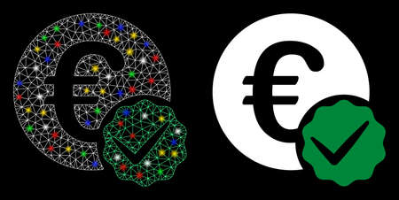 Bright mesh euro only icon with glitter effect. Abstract illuminated model of euro only. Shiny wire carcass triangular mesh euro only icon. Vector abstraction on a black background.のイラスト素材