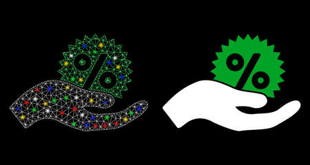 Glowing mesh give percent bonus icon with glare effect. Abstract illuminated model of give percent bonus. Shiny wire carcass triangular mesh give percent bonus icon.のイラスト素材